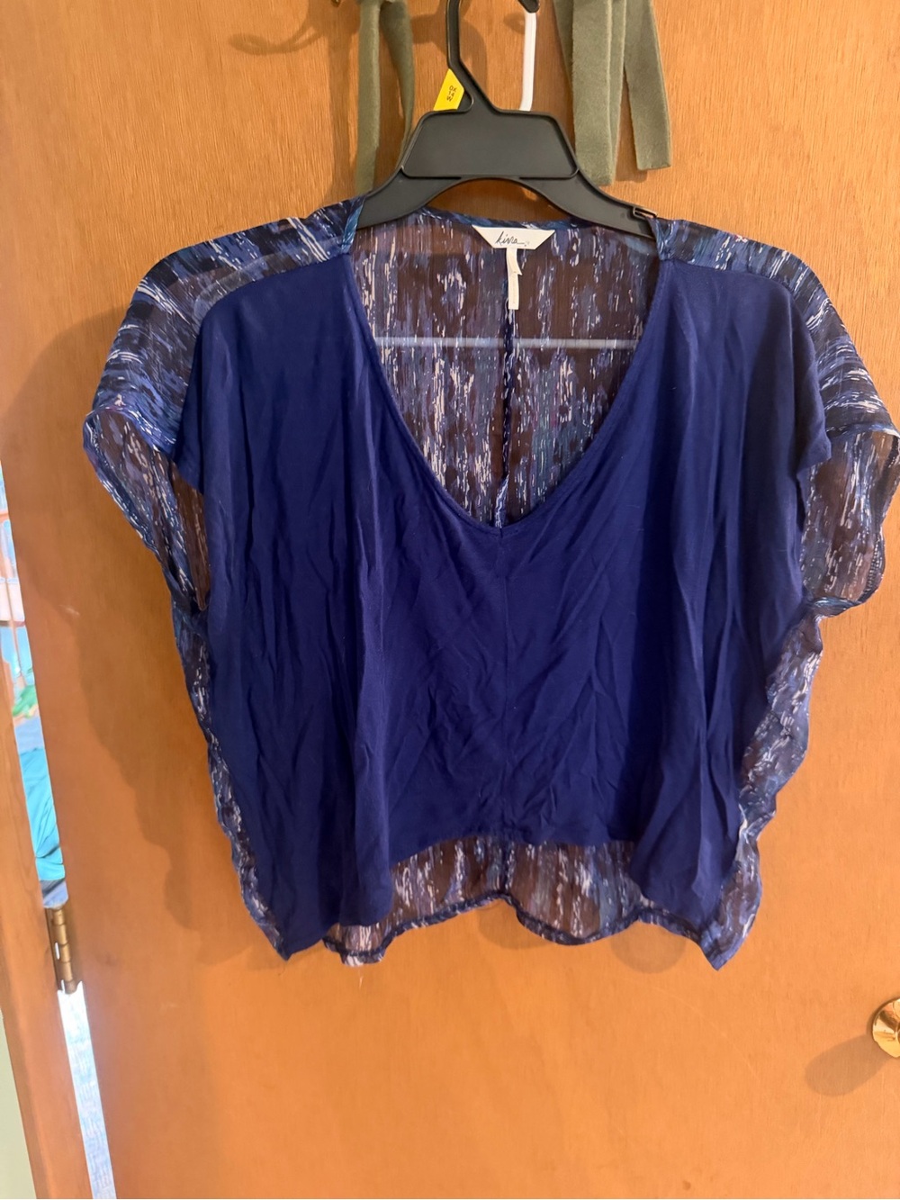 Kivari Navy Mixed-Media V-Neck Blouse